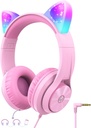 iClever Kids slušalke z mačjim ušesom Led Light Up, Safe Volume Limite, FunShare, Foldable, Over-Ear slušalke za otroke za šolo/iPad/Tablet/Travel, Meow Donut-Pink
