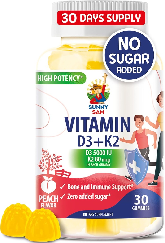 Brez sladkorja Vitamin D3 K2 Gummies 5000 i.e. - Imunska in kostna podpora Gummies - Vitamin D Gummi Dopolnilo za odrasle - Visoka absorpcija, Vegan, Halal, Gluten-free žvečljivi vitamini