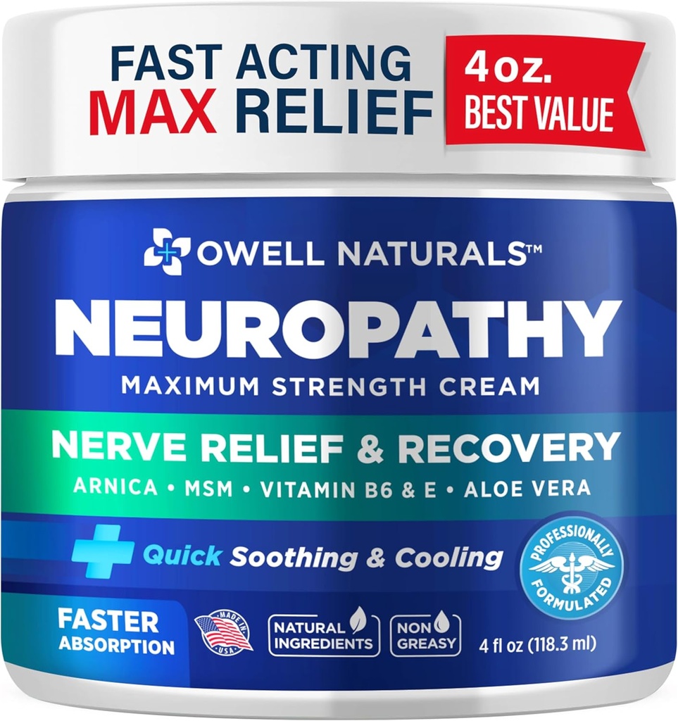 Owell Naturals Nevropatija Živčne Relief krema, Največja moč, Brezmadežno, Naravne sestavine Arnica, Aloe Vera, MSM, Vitamin B6 za noge, roke, noge, Prsti Neugodje, 4 Fl Oz (Pack of 1)