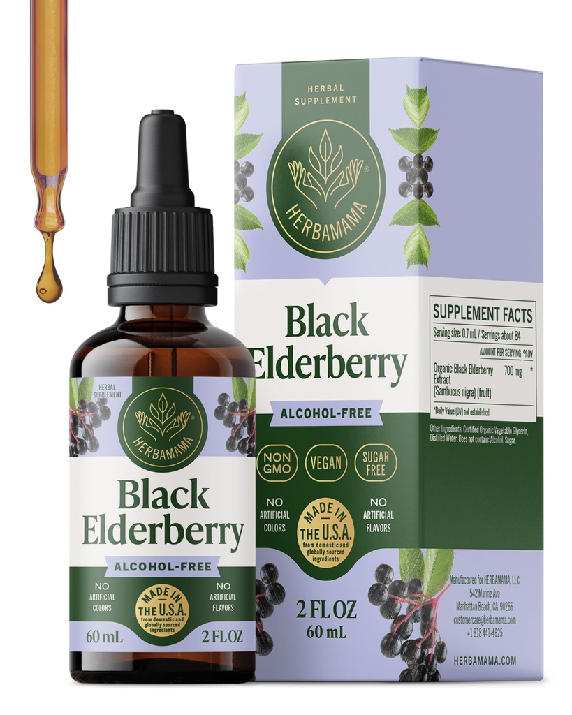 HERBAMA Black Elderberry kapljice - Vegan Elderberry Tekoči ekstrakt za imuno podporo - Non-GMO, Alkohol & Sugar-free Immunity dodatek, 21-dnevna oskrba