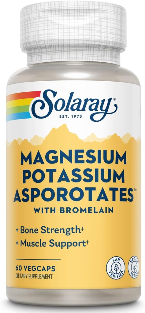 Solaray Magnezij in kalijev asporotat w/Bromelain, zdravi elektrolit, mišice, srce in celično podporo, 60 VegCaps