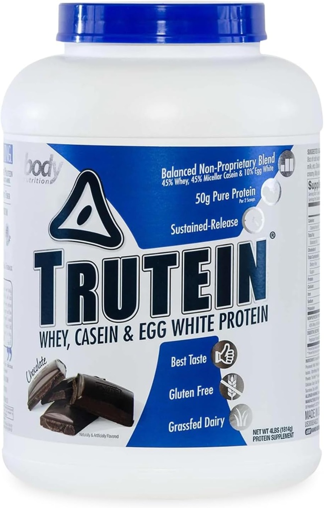 Body Nutrition Trutein Visoke beljakovine v prahu: 45% Whey, 45% Kazein, 10% Jajca bela, Gluten-free, nizko natrij, Grass Fed Whey Protein v prahu, Gym Supplement & Breakfast Shake, Chocolate, 4lb