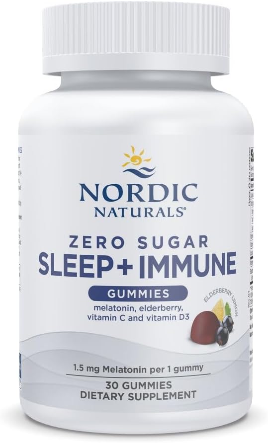 Nordic Naturals Zero Sugar Sleep + Imune Gummies - Elderberry Lemon Flavor - 30 Gummies - 1,5 mg melatonina za spanje z vitaminom D3 - Elderberry & Vitamin C Immune Support - 30 Servings