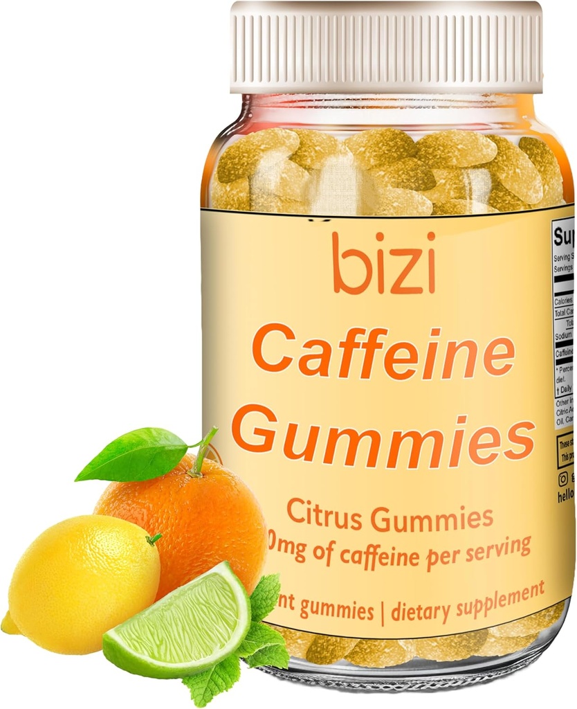 Bizi Caffeine Gumies za moške in ženske, energijski dodatek za povečanje fokusa, kofein Gumies za odrasle, 30mg kofein na Gummy, Citrus Flavor (60 ct)