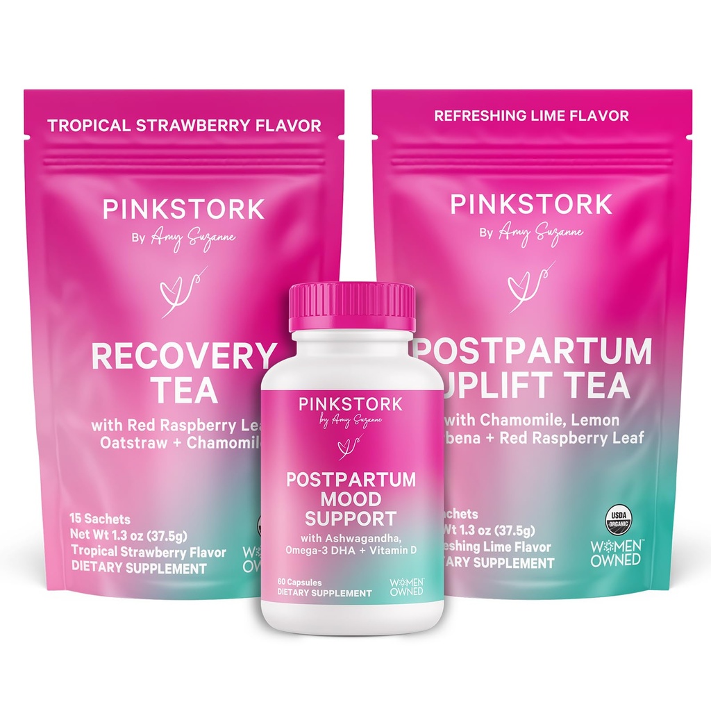 Pink Stork Postpartum Essentials Kit – Hormonsko ravnovesje, Recovery & Mood Podpora za nove mame – Postnatalne vitamine Ashwagandha + Zeliščni čaji za stres Relief, Energy, Sleep – Darilni komplet – Vegan, Organic