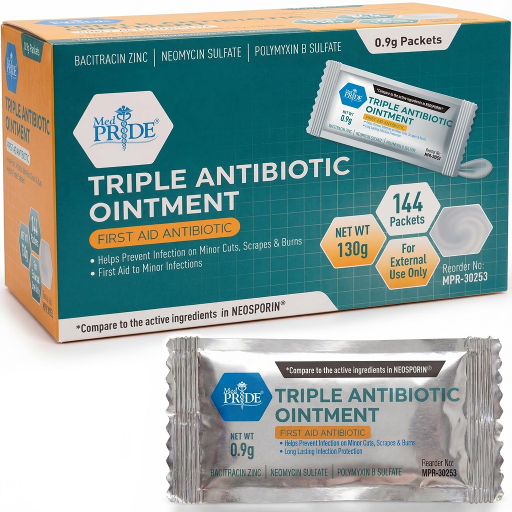 MED PRIDE Trojni antibiotični paketi maziva razsutem stanju 144 X 0.9g, posamezni paketi antibiotičnega maziva za opekline, cuts, skrb za rane