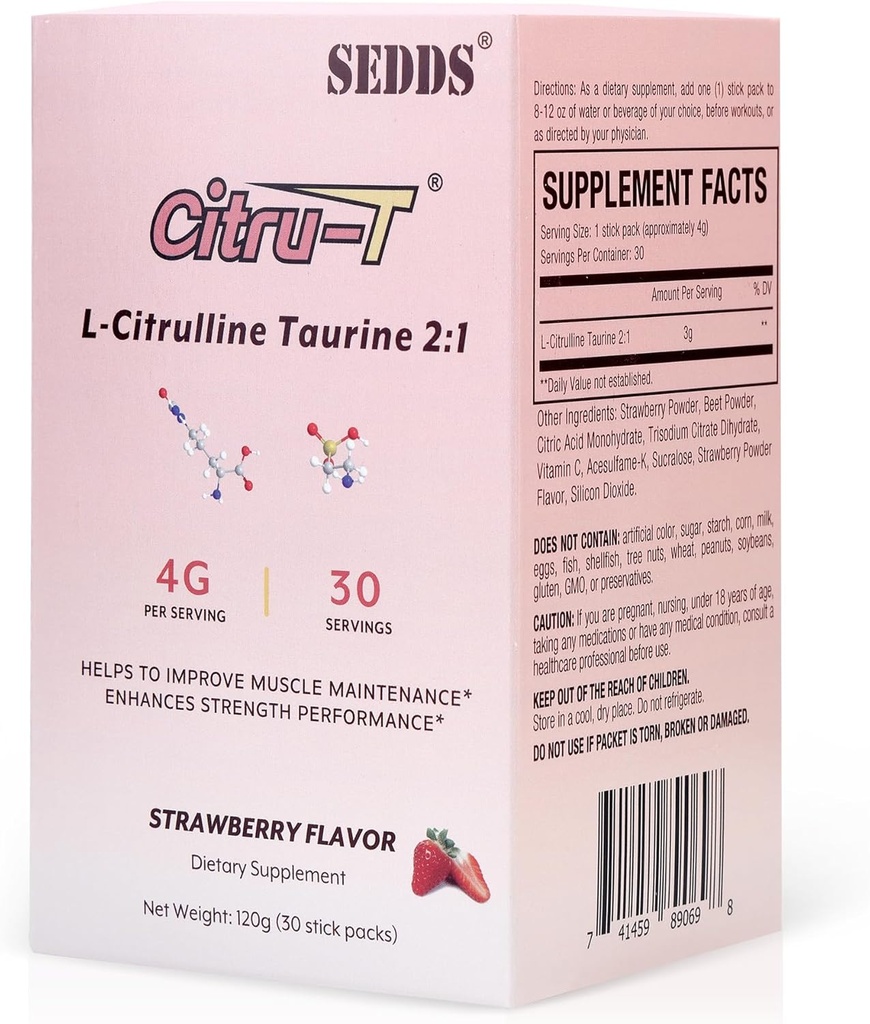 L-citrulin Taurin 2:1, jagodno obarvan L citrulin prašek citrulin dopolnila, veganski tavrin v prahu, kofein brez, gluten prost, 30 pakiranje