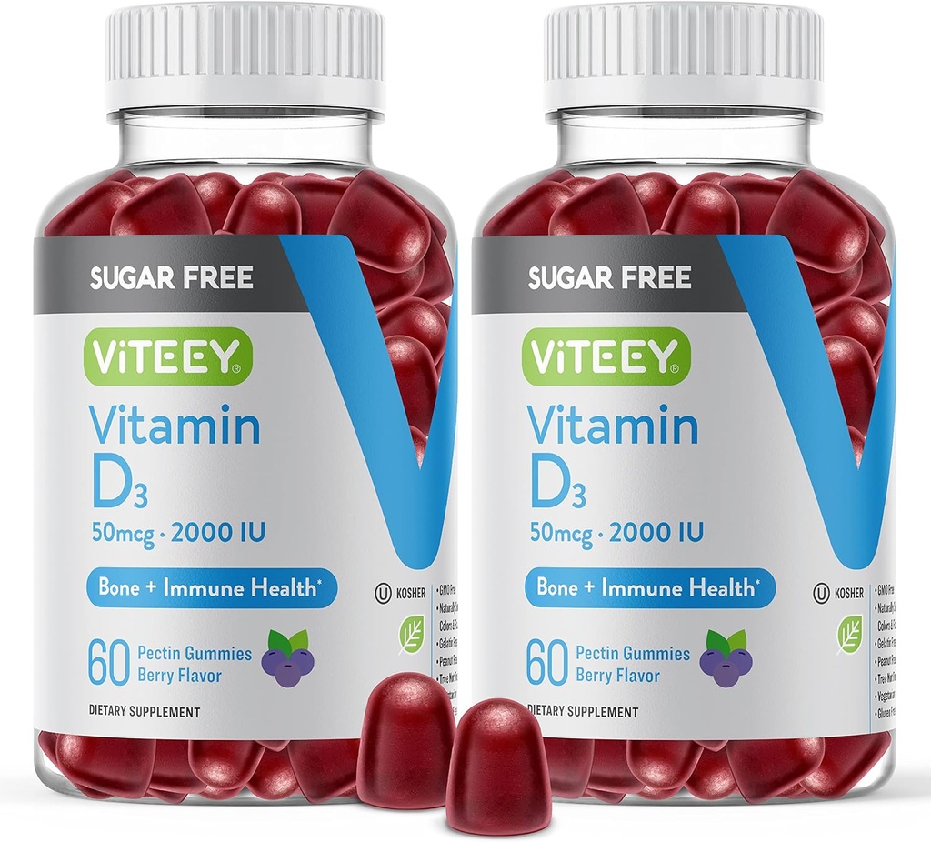 Viteey Vitamin D3 Gummies za odrasle in najstnike - 2.000 i.e., 50mcg - Sladkor brez sladkorja, kosti, zdravje sklepov in mišic, imunski ojačevalec - vegetarijanec, želatina brez gensko spremenjenih organizmov - Okusno žvečljivo jagode arome