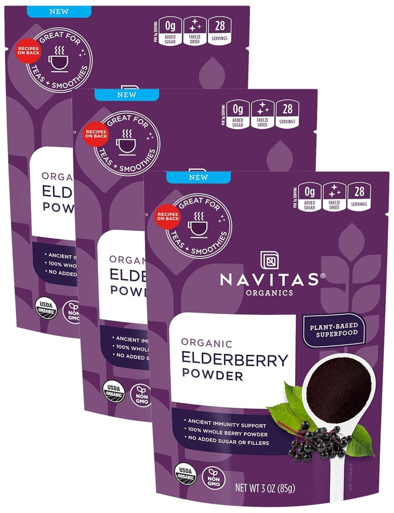 Navitas Organics Elderberry Powder, 3oz Bag, 28 Serving — Organic, Non-GMO, 100% Cele Elderberry Powder for Immune Support (Pack po 3)