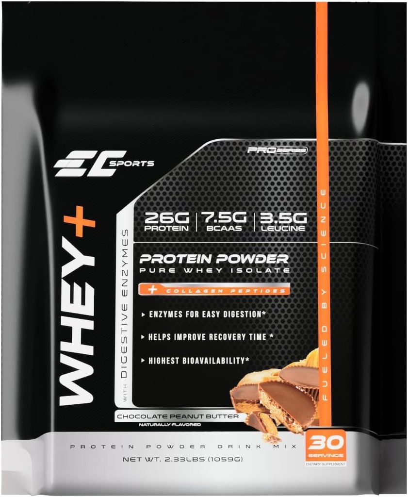EC Sports Whey+ Protein Powder, Chocolate Peanut Butter Mix w/Digestive Enzymes - Izolirni dodatek, Kolagen Peptides w/Swift Reform - 30 Serving