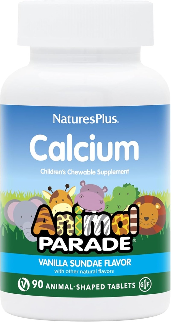 NaturesPlus Animal Parade Calcium, Vanilla Sundae Flavor - 90 žvečljive tablete z obliko živali - Pakiranje 2 - spodbuja zdrave kosti - Vegan, Gluten brezplačno - 180 skupno serviranje