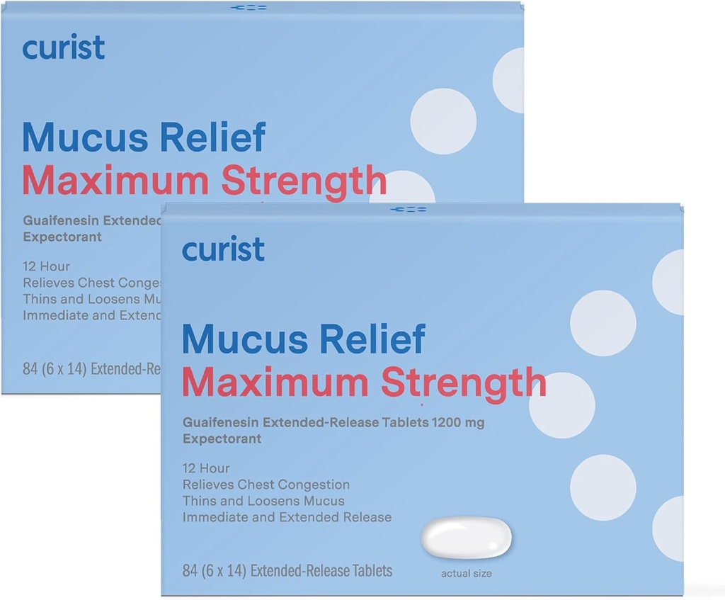 Curist Guaifensin 1200 mg Extended Release Mucus Relief maksimalna moč - 168 Count Bulk Extended Release Tablets - Zmanjšaj sluz Clear Congestion (2 paket 84 tablet)