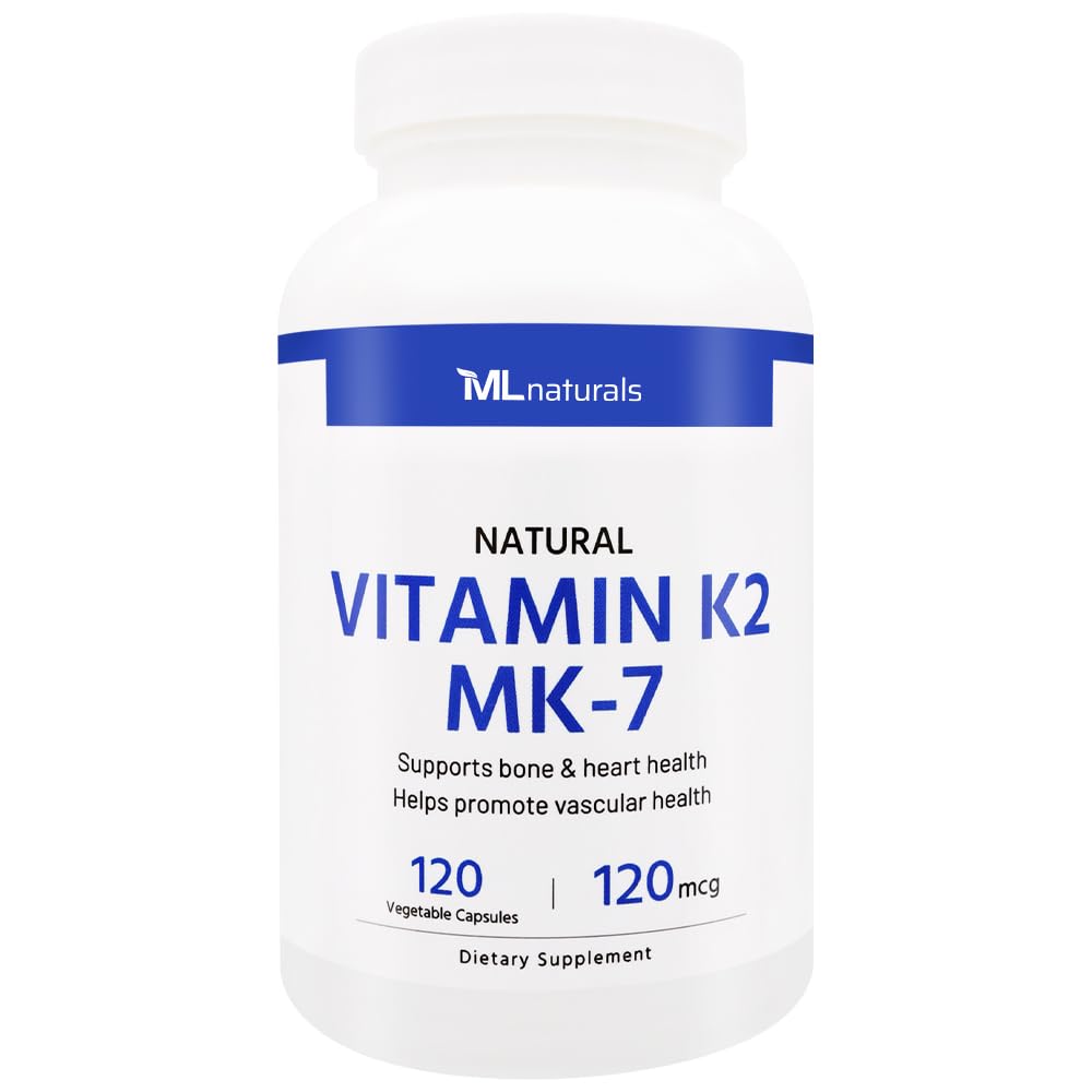ML Natural Natural Vitamin K2 MK-7 120 μg 120 Zelenjavne kapsule. naravni MK-7/99% All-Trans MK-7. Podpira zdravje kosti in srca, pomaga spodbujati vaskularno zdravje, NSF-Certified & cGMP-Compliant.