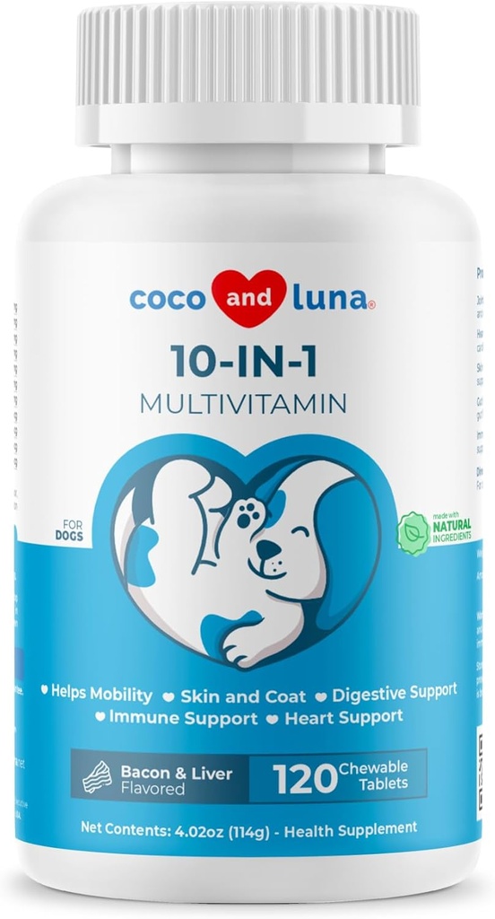 10 v 1 Multivitaminu za pse - 120 žvečljive tablete z glukozaminom in hondroitin - ribje olje in vitamini s Coq10 za zdravje kože in srca, Gut & Imunska podpora