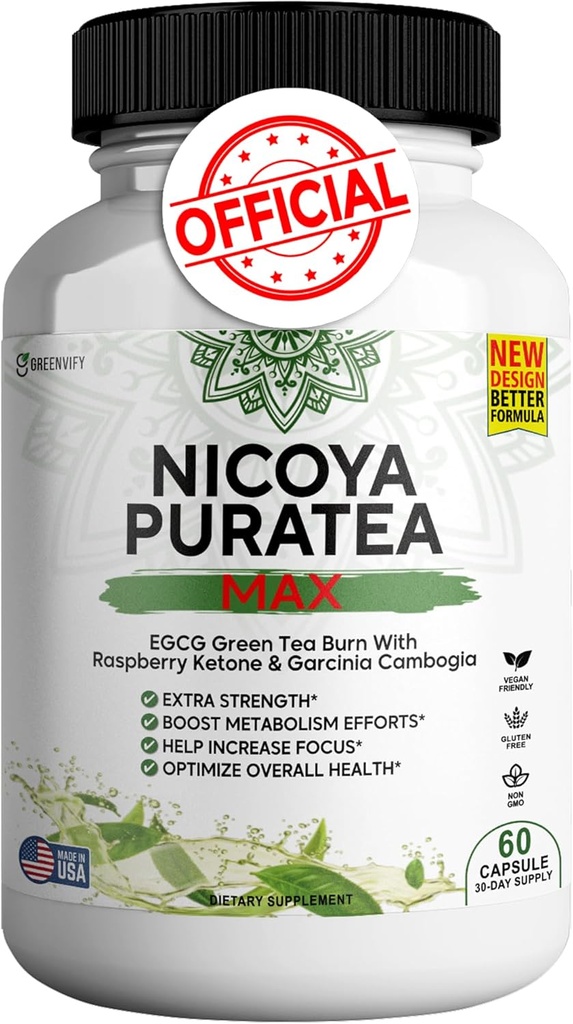Nicoya PuraTea Max Green Tea Extract & Green Coffee Bean for Metabolism Support, Natural Energy Boost, Antioxidant-Rich Supplement – 60 Capsules