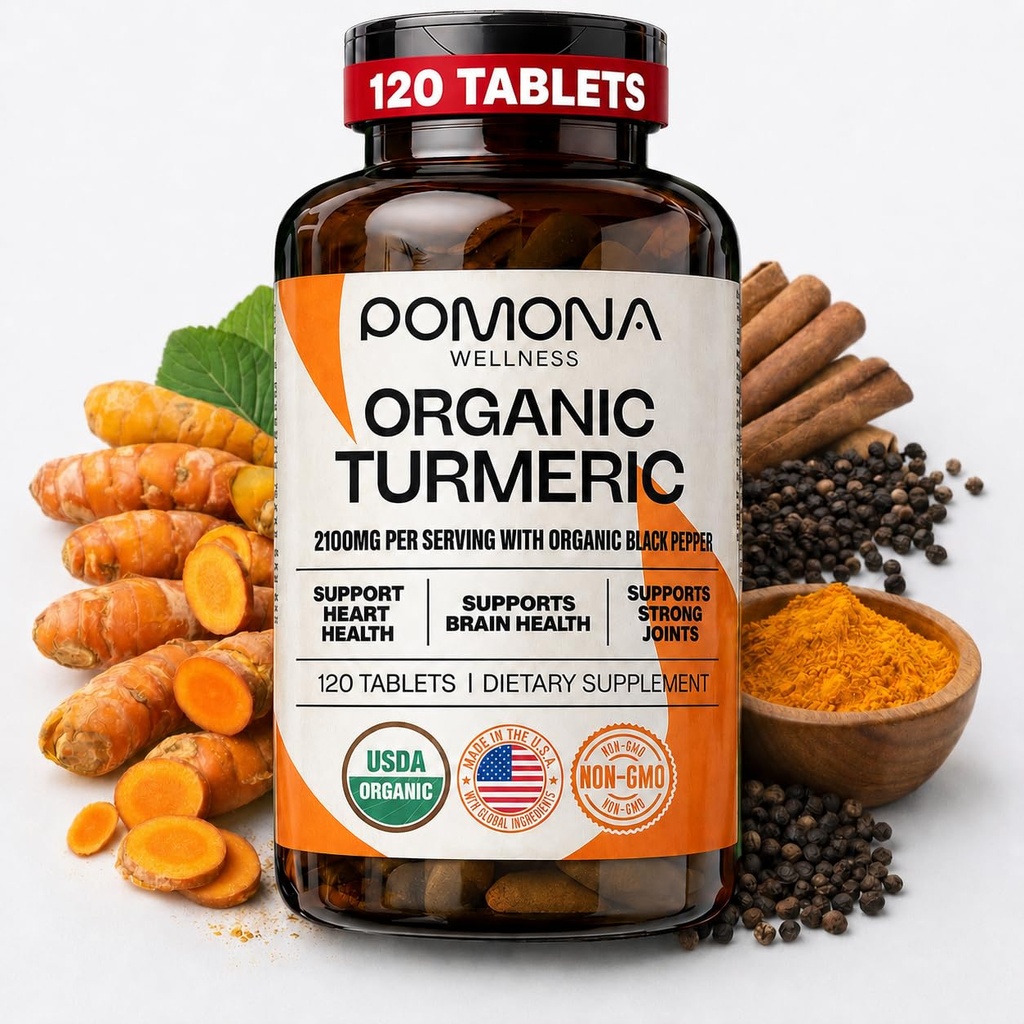 Pomona Wellness Organic Turmeric Supplement 2100 mg, USDA Organic, Non-GMO, Vegan, Turmeric Curcumin with Black Pepper for Absorption, for Joint Support and Immunity, 120 Tablets