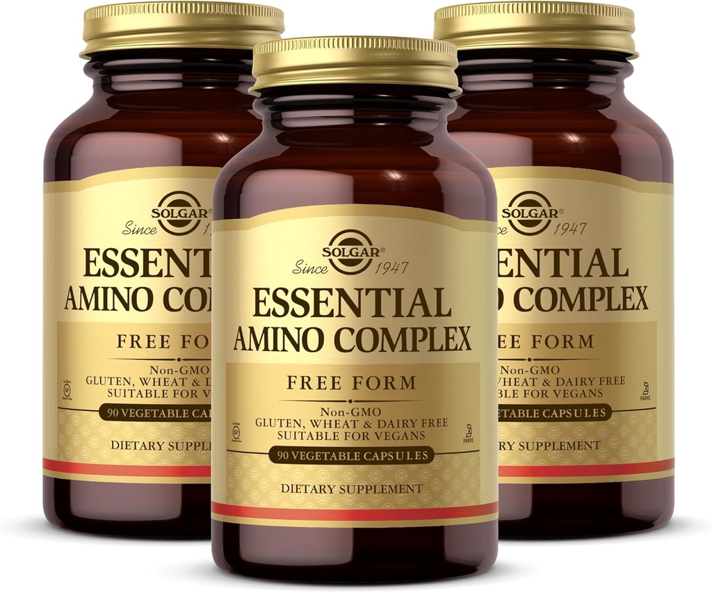 Solgar Essential Amino Complex, 90 Rastlinske kapsule (paket po 3) - Free Form Essential Amino Amino Acids - Non-GMO, Vegan, Gluten Free, Dairy Free, Kosher - 270 Total Servings