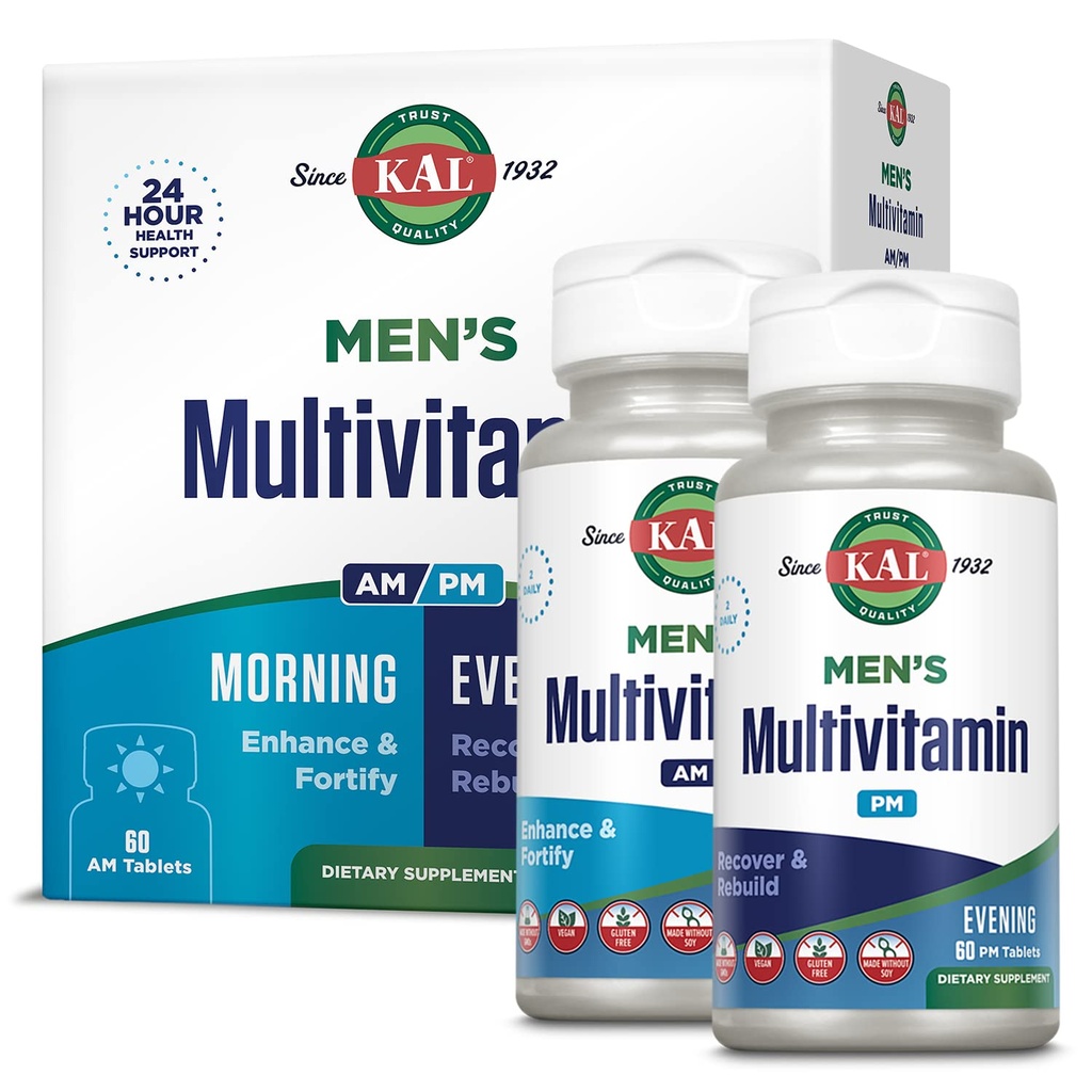 KAL moški multivitaminski AM/PM, antioksidanti dodatek, mišice, imunski, elektrolitsko ravnovesje, splošno wellness podporo, izdelan brez GSO in soja, Vegan, 30 Serving, 120 tablet