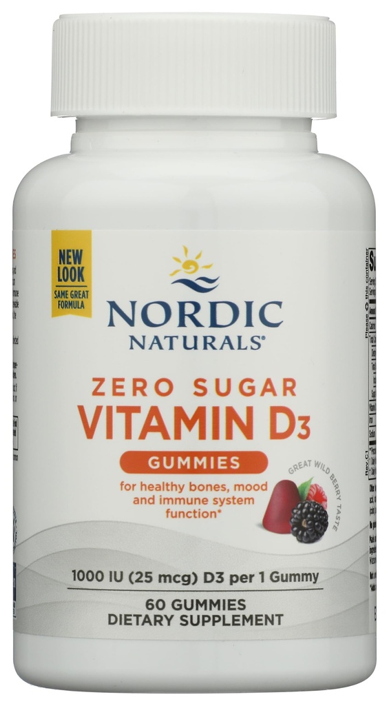 Nordic Naturals Zero Sugar Vitamin D3 Gumies, Wild Berry - 60 Gumies - 1000 IU Vitamin D3 - Dober okus - Zdrave kosti, Mood & Imuno System Function - Non-GMO - 60 Servings