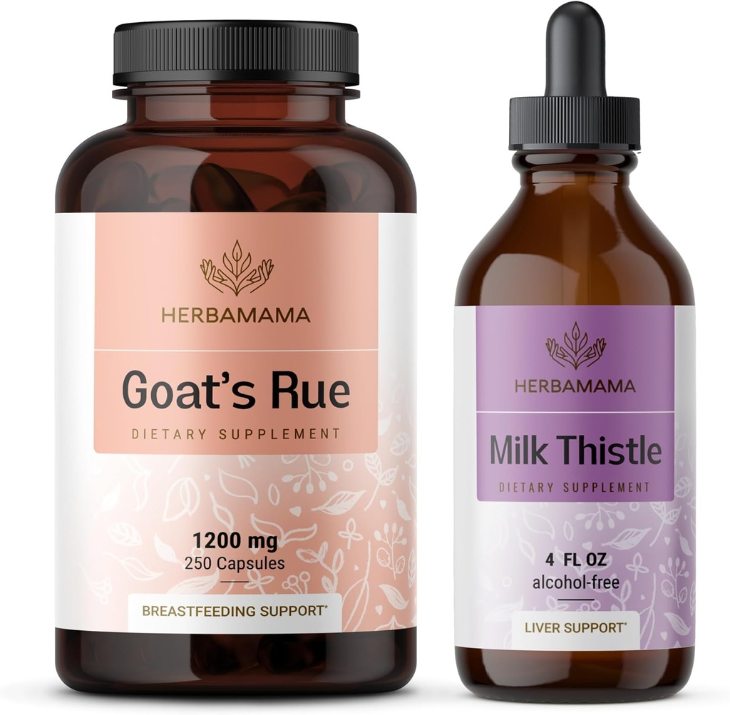 Kozja in mlečna ovojnica HERBAMA - paket 1200 mg Kozja ruja Kapsule & Mlečna osja jetra Detox kapljice 4 fl oz - Vegan, ne- GMO, sladkor in alkohol brez - 2 pakiranji