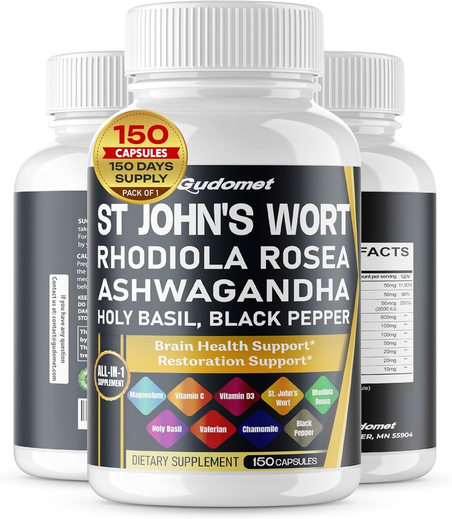 John's Wort Rhodiola Rosea Ashwagandha Sveti Basil Valerian Kamilica Črna paprika -150 Kapsula- Izdelano v ZDA
