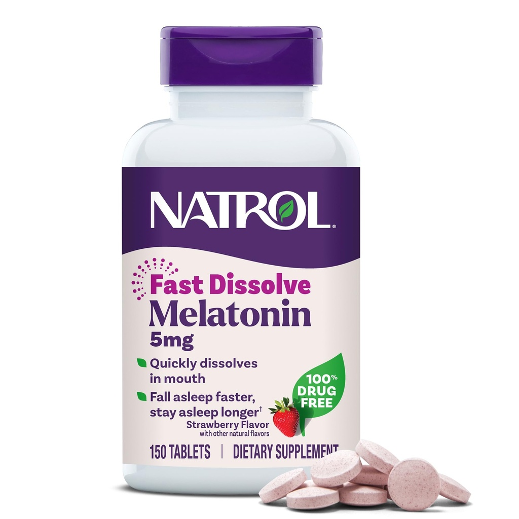 Natrol Melatonin 5 mg hitre tablete za raztapljanje, dodatki za podporo spanju za odrasle, okus jagod, 150 tablet, do 150 dnevno oskrbo
