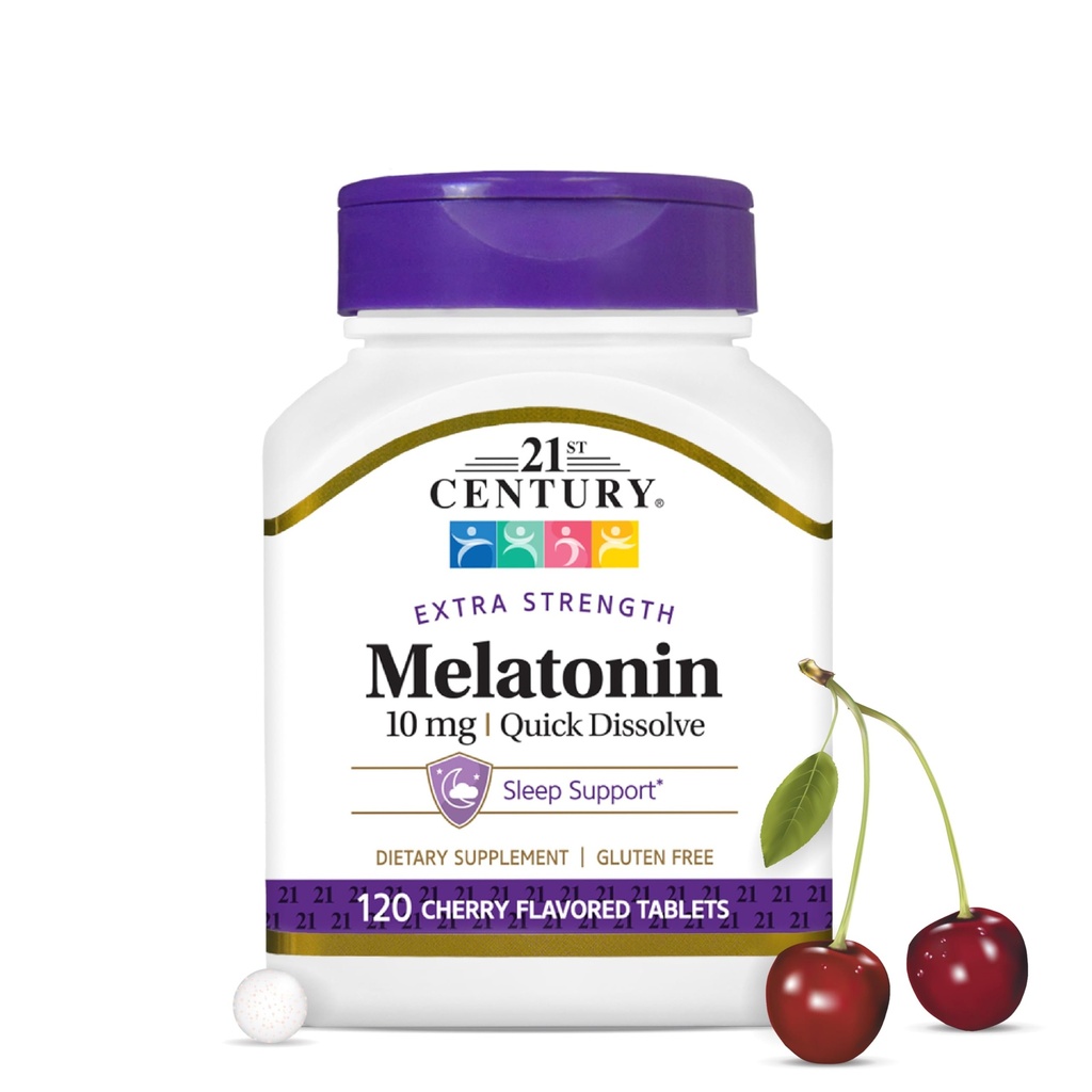 21. stoletje Melatonin 10mg Dodatna moč, 120 Štetje, Hitro raztapljanje Pomoč za spanje za odrasle, Spodbuja sprostitev in mirno spanje, Nenavadno oblikovanje, Gluten-free, Cherry Flavor