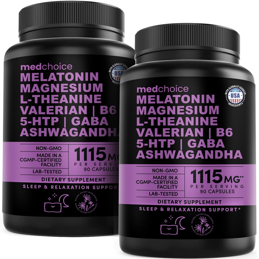 12 v 1 Melatonin Sleep Kapsule - Naravna pomoč za spanje za odrasle z melatonin 5 mg in magnezij Glycinate 500mg, Pomoč za spanje z Ashwagandha, L Theanine, Valerian Root, GABA, 5-HTP (90ct, pakiranje po 2)