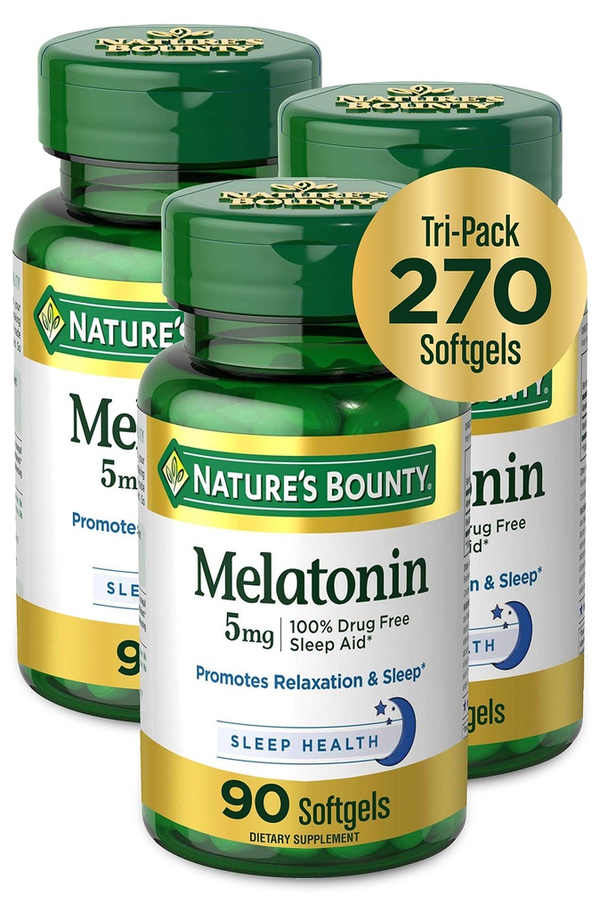 Narava Bounty Melatonin 100% Brez drog Pomoč za spanje, Prehranska dopolnila, Spodbuja sprostitev in spanje zdravje, 5 mg, 90 Število, Paket 3
