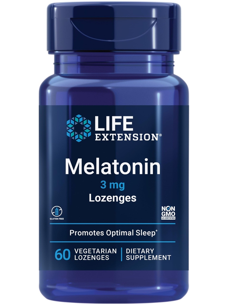 Life Extension Melatonin, 3 mg, Optimalna podpora za spanje, Zdravi cirkadialni ritmi, Celularna obramba, Gluten-free, Non-GMO, Vegetarian, 60 žvečljivih lozenges