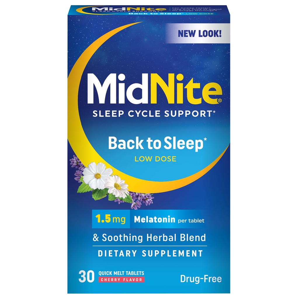 MidNite Nazaj v spanje nizek odmerek, 1,5 mg melatonin pomoč v spanju, nenavadna oblika, zeliščni prehranski dodatek za odrasle, zdravilo brez glutena, laktoza brez laktoze, vegetarijanec, vegan, 30 tablete za hitro taljenje