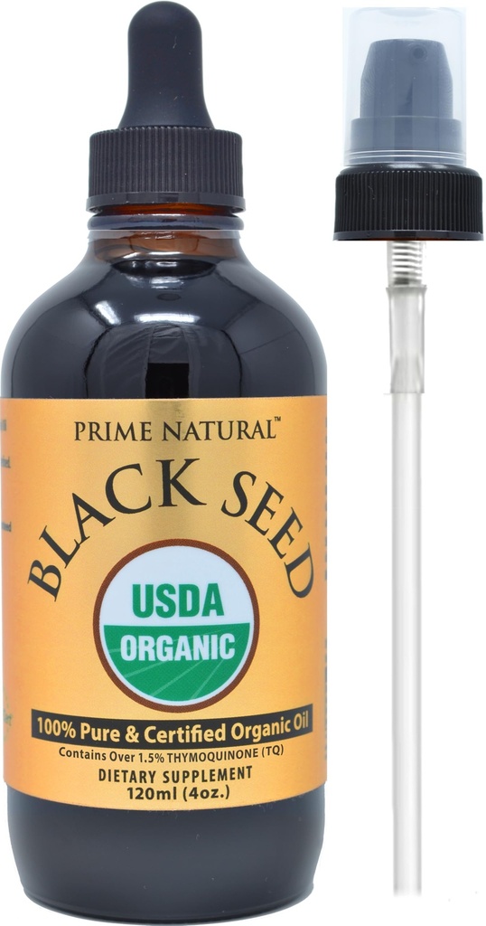 Prime Natural Organic Black Seed Oil 4oz - Hladno stisnjeni visoki timokinon 1,7% USDA Certified - Turška porekla Potent Nigella Sativa Liquid - Vegan Omega 3 6 9, Antioksidant
