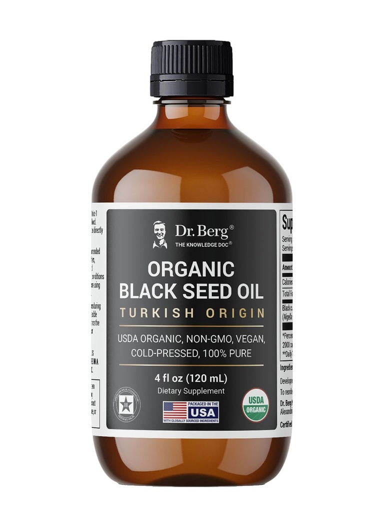 Dr. Berg Black Seme Oil Organic Cold Pressed – Pure Nigella Sativa Black Cumin Oil – USDA Organic, Halal, Vegan – za lase, kožo, Imunska podpora – Nerafinirana tekočina – 4 oz Steklena steklenica