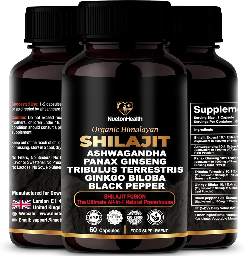 Himalajski Shilajit Kapsule z Ashwagandha, Ginseng, Tribulus, Ginkgo & Black Pepper – Vegan, brez glutena Botanična mešanica za dnevno wellness & Vitalnost – 60 kapsul
