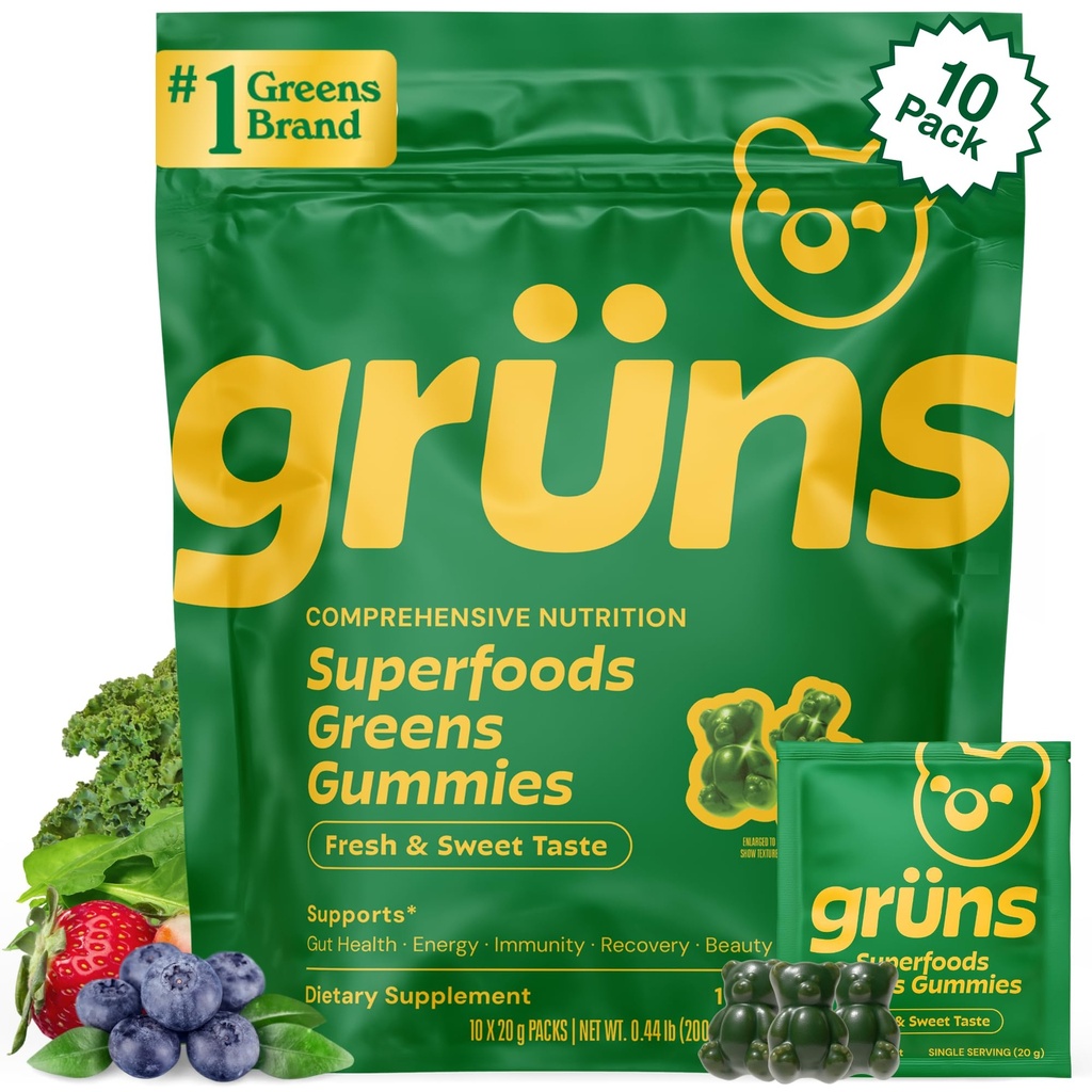 Gruns Odrasli Super Zeleni Gumiji, Multivitaminski Superfood Gummy medvedi, Spirulina, Klorela, Prebiotiki & Fiber Gumies za digestivno zdravje, Adaptogeni dopolnilo, 20 Vitamini in minerali, 10 Število