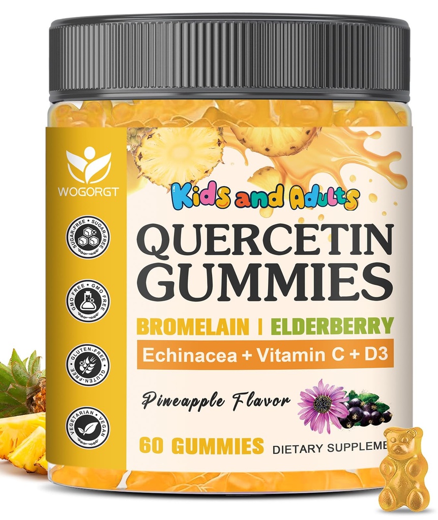 Quercetin z bromelainom Gummies za otroke in odrasle - Imunska in sezonska podpora za dobro počutje, 800mg Quercetin Gummies z bromelainom, cinkom, Bezgovimi jagodami, vitaminom C & D3 - brez sladkorja, aroma Ananas, 60 Ct