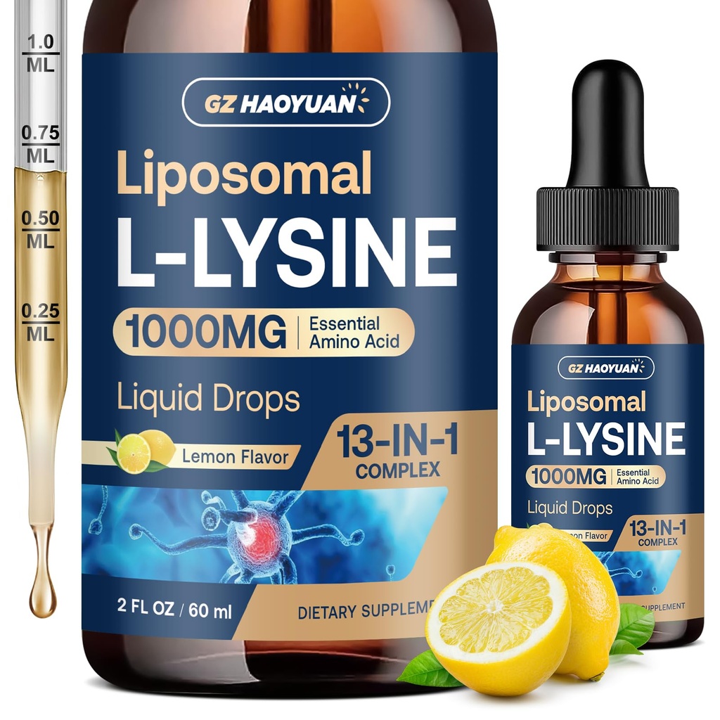 Liposomski L-lizin 1000MG tekoče kapljice, 13-in-1 lizinski dodatki – monolavrin, ekstrakt oljčnega lista z vitaminom C, B6, D3, B12 & cink za kolagen, ustnico, kožo in imuno podporo za otroke in odrasle, 2oz