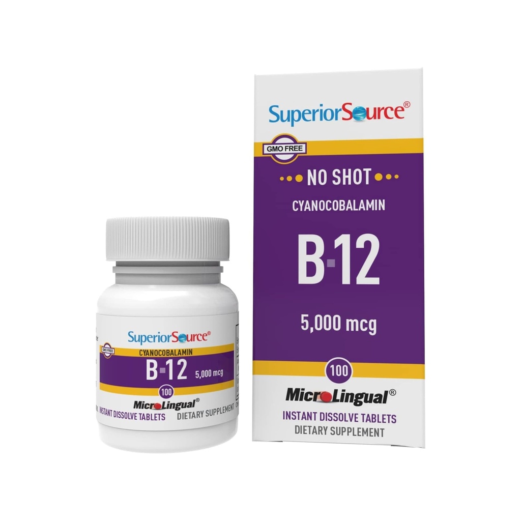 Superior vir No Shot Vitamin B-12 Cyanocobalamin 5000 mcg - Vitamin B-12 za podporo proizvodnje energije, zdravje možganov in splošno dobro počutje - Podjezične tablete - 100 Razrešljive tablete