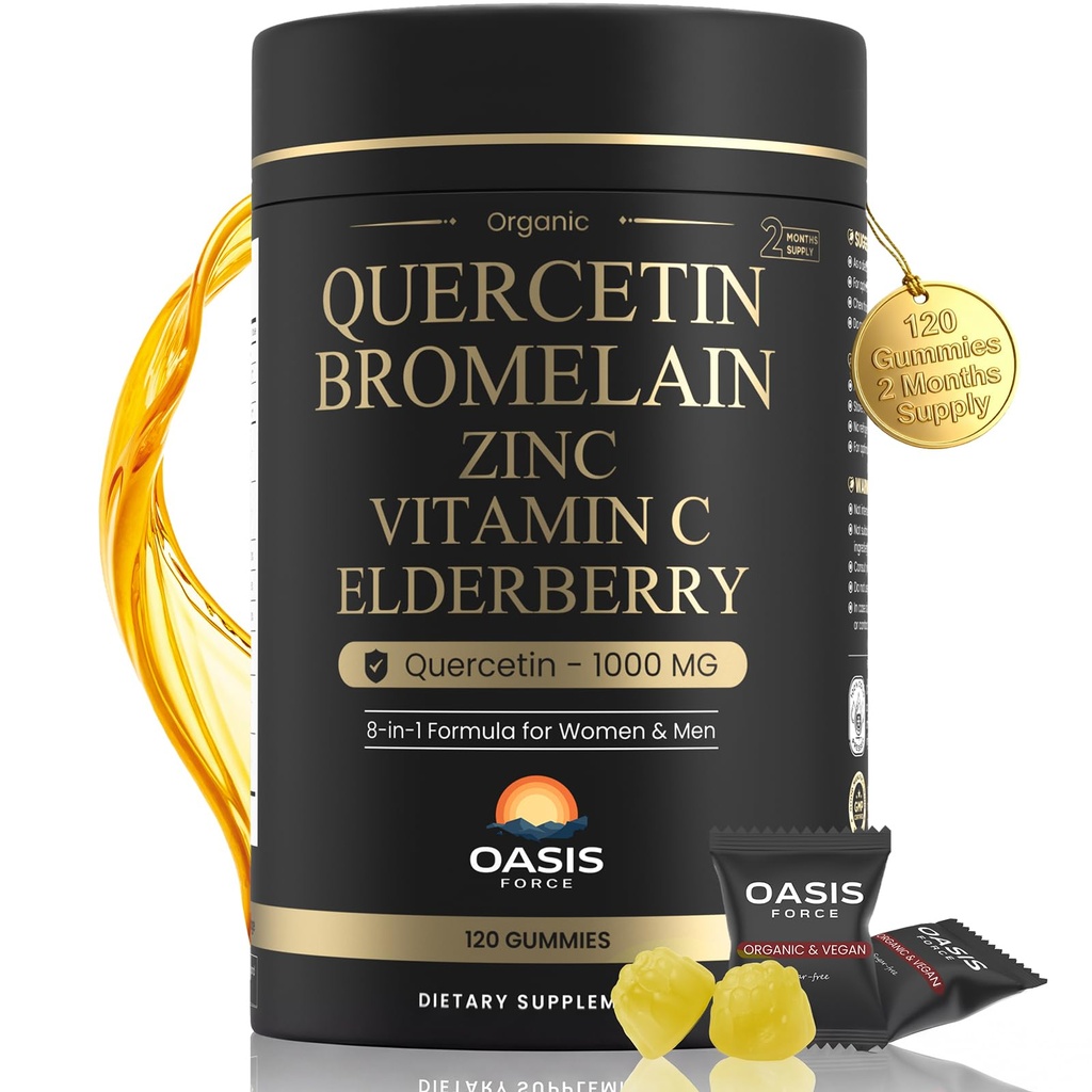 8-in-1 Quercetin z Bromelain Gummies 1000mg, Visoka moč organska Quercetin dodatek z cinkom in vitaminom C, Bezgove jagode, Sezonska Wellness & Imune Podpora, Vegan, Sladkor brez, 120 Gummies