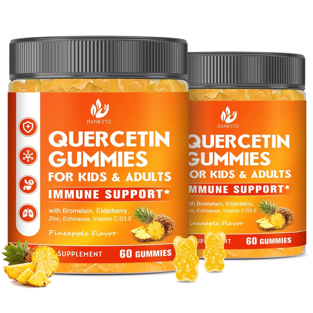 (2 paket) Sugar Free Quercetin z bromelain Gummies za otroke in odrasle - Imunski, antioksidant, Sezonska podpora, 1000mg Quercetin dopolnila z bromelain, cink, Elderberry, Vitamin C D3 E, 120 Count