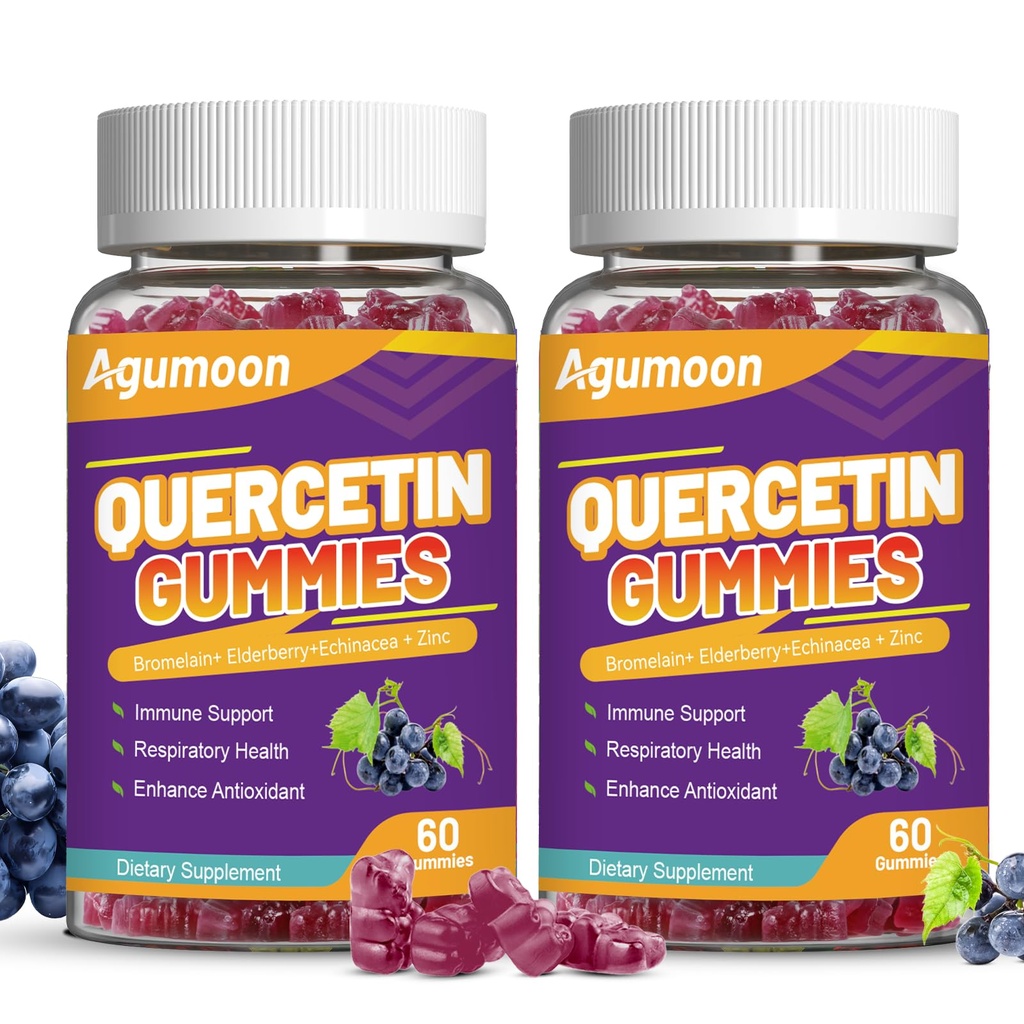 2 Pack Quercetin Gummies, 1000mg Quercetin z bromelain cink starejšina, Imunska in antioksidantna podpora, Vegan Gummies za odrasle in otroke, 120 Count