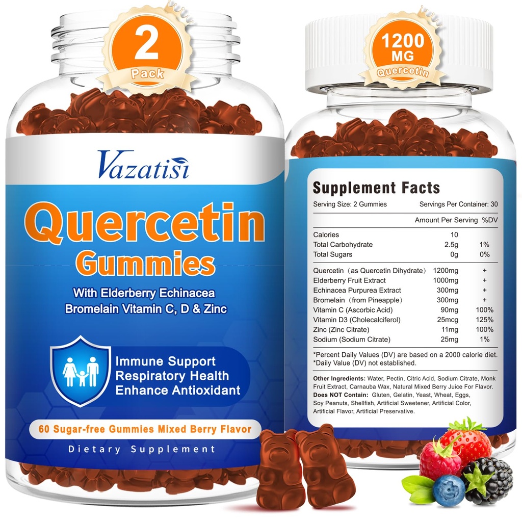 2 Pack Quercetin z Bromelain Gummies, Quercetin z vitaminom C cink in bezgovino za imunski sistem in alergijo, žvečljivi in vegani Gummies, mešane jagodne arome 120 Cts