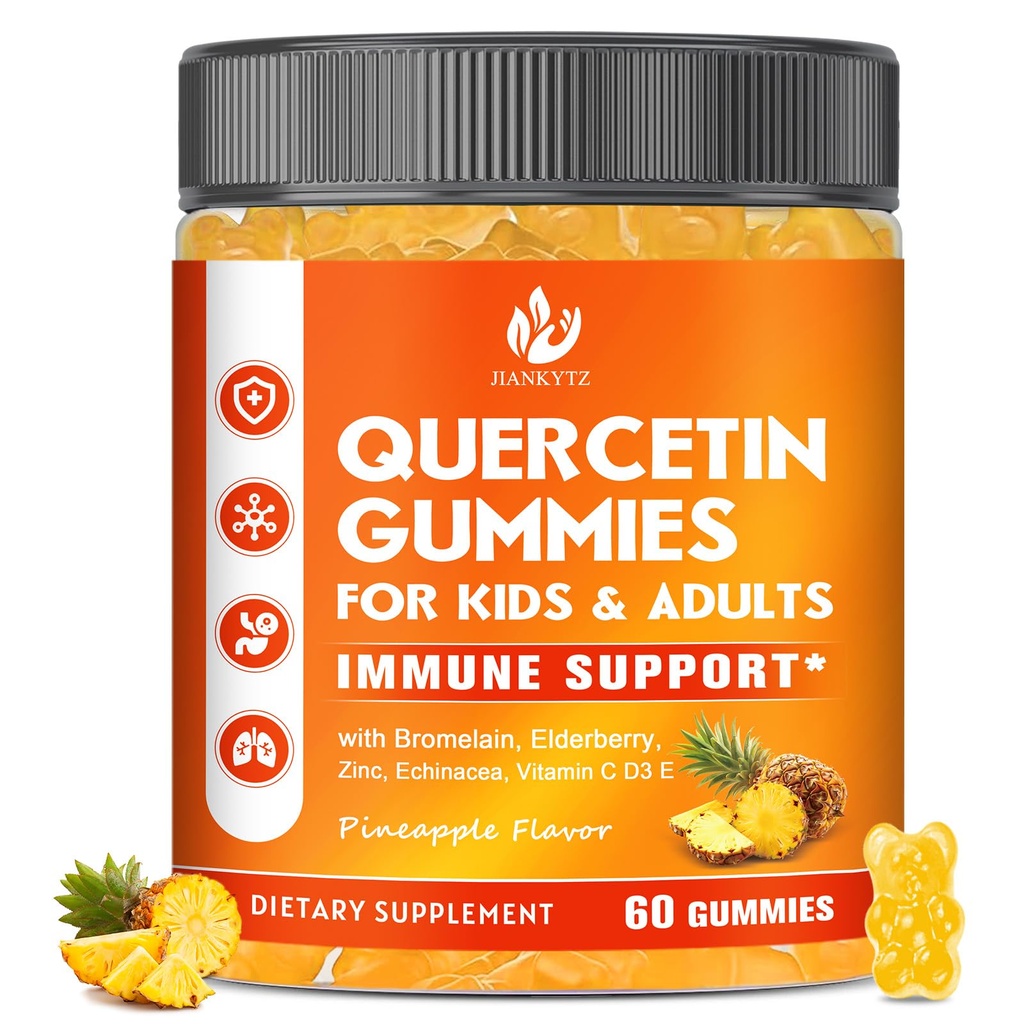 Brez sladkorja Quercetin z bromelain Gumies za otroke & odrasle - Imunski, antioksidant, Sezonska podpora, 1000mg Quercetin dopolnila z bromelain, cink, bezgovina, vitamin C D3 E, Vegan, 60 Count