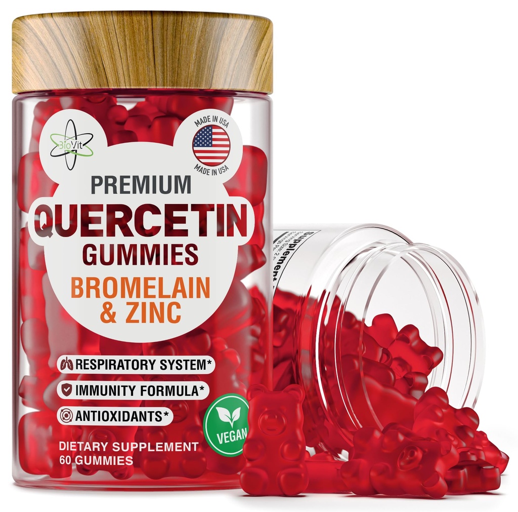 BioVit Quercetin Gumies 500MG - Aktiviran Quercetin za otroke in odrasle Imunski sistem & alergija - Žvečljiv z bromelainom, cinkom, vitaminom C, vitaminom D3 - Made in USA - 60 Vegan Gummy Bears