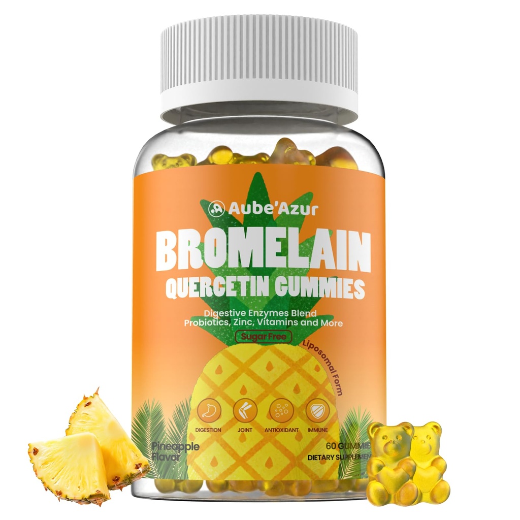 Liposomski Bromelain s Quercetin Gummies, 1000mg Bromelain dodatek za ženske in moške, s probiotiki, Prebavne encimi za Gut, Prebavna in Imunska podpora, Sladkor prost, Ananasov okus, 60 Število