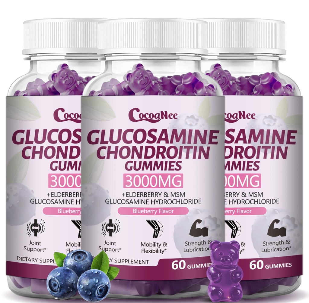 3 Pakiranja 3000MG Glukozamin Chondroitin Gumies, Dodatna moč skupna podpora dodatek z MSM & Elderberry, Fleksibilnost, antioksidant imunske podpore Gummy za odrasle, moške in ženske 180Cts