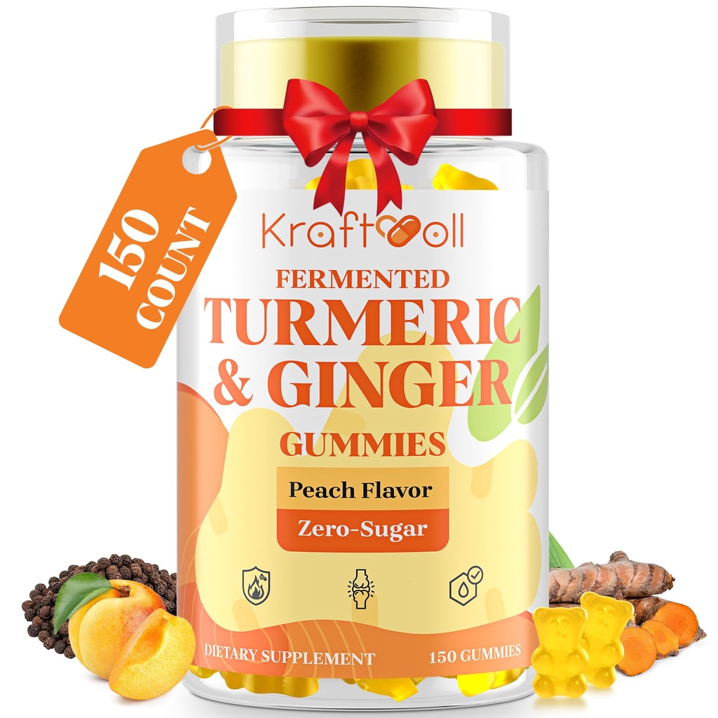 5 Mesec dobava Kurkuma in ingver Gumies s črnim poprom, fermentirana kurkuma za skupno udobje in mobilnost, brez sladkorja z vitaminom D3 + K2, naravne Peach Flavor – 150 Gummies