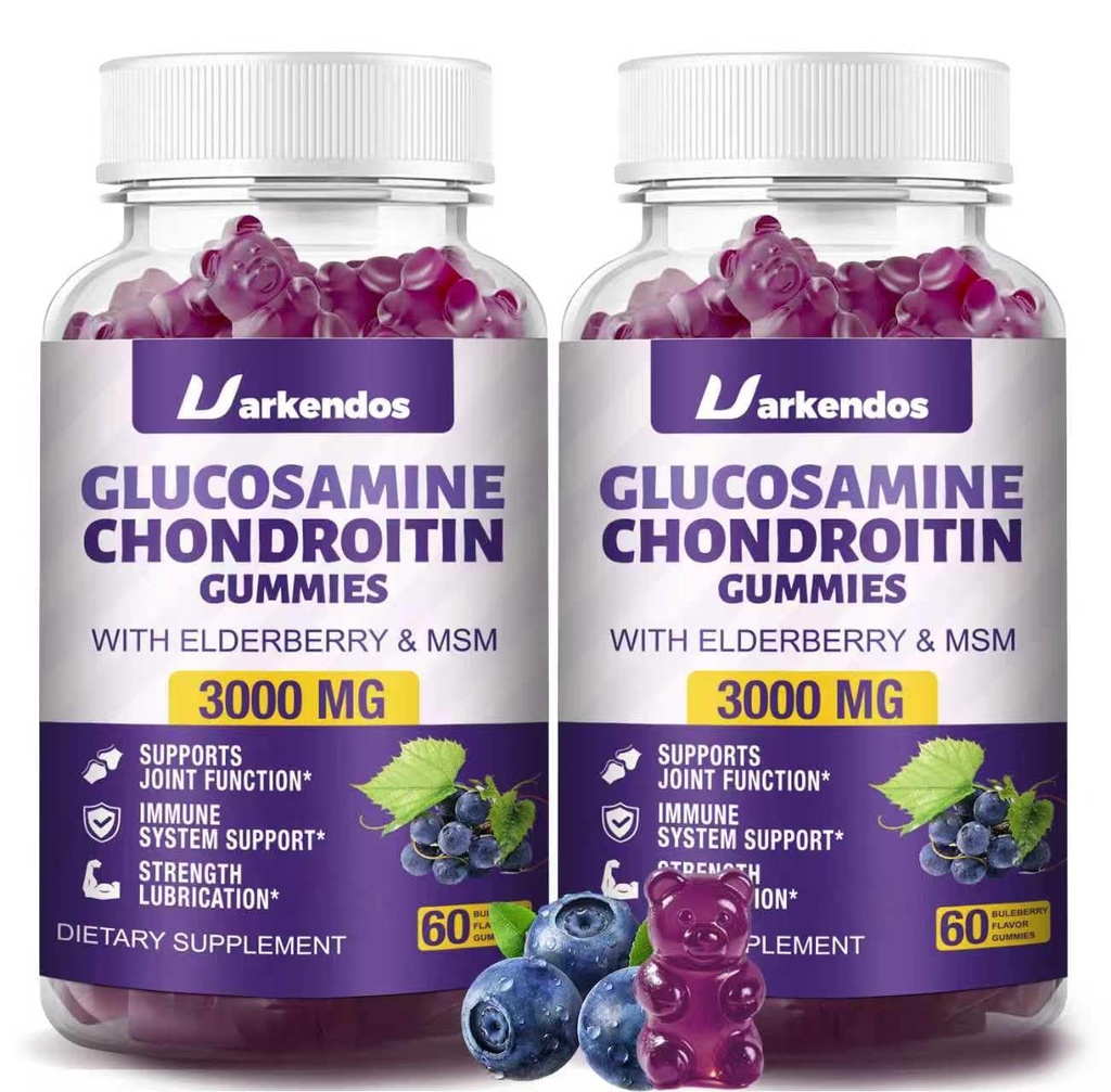 2 Packs 3000MG Glukozamin Chondroitin Gumies z MSM & Elderberry Extra Jakost - skupna podpora, Antioksidant Imunska podpora Dopolnilo za odrasle, moške in ženske - 120 borovnice Gumies