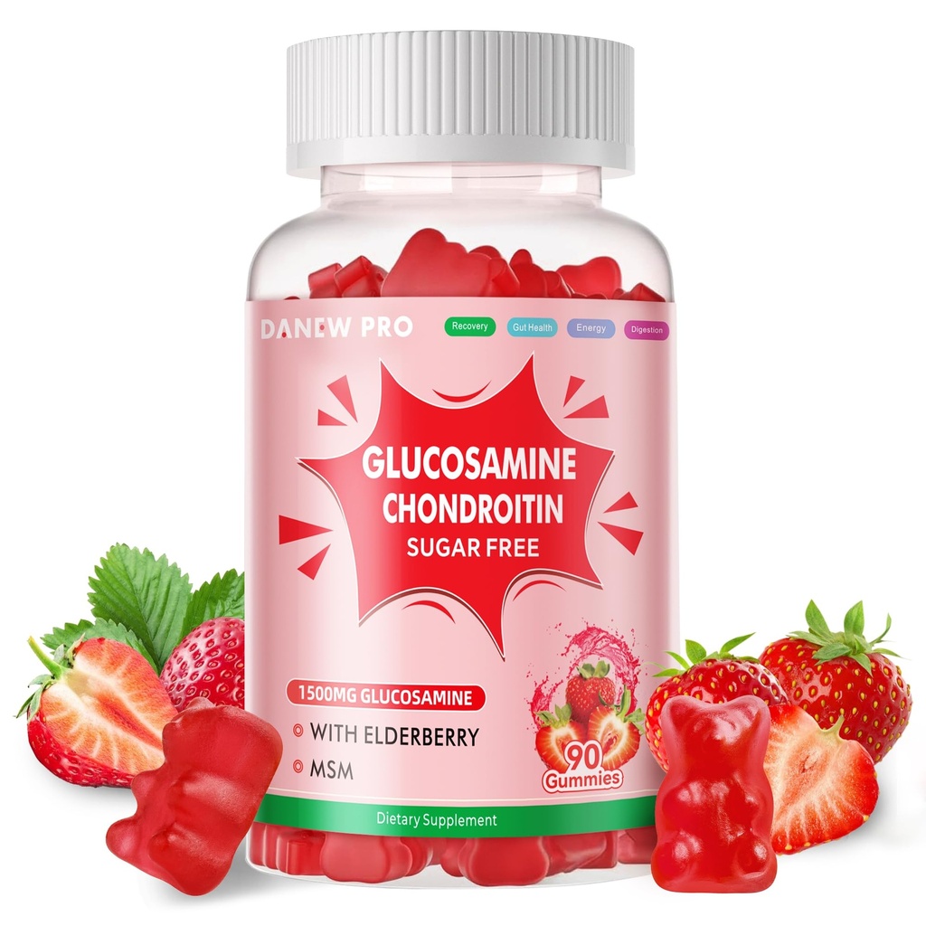 DANEW Pro Glukozamin Chondroitin Gumies z MSM & Elderberry Extra Jakost - skupna podpora, Antioksidant Imunska podpora Dopolnilo za odrasle, moške in ženske.90 Jagodne jagode