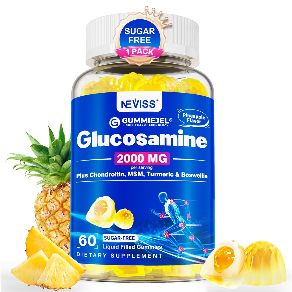 Glukozamin brez sladkorja Chondroitin MSM Gumies - Maksimalna moč Mobilnost dodatek za ženske in moške w/ glukozamin sulfat 2000mg, Boswellia, kurkumin in hialuronska kislina - Fleksibilnost Podpora - 60Cts